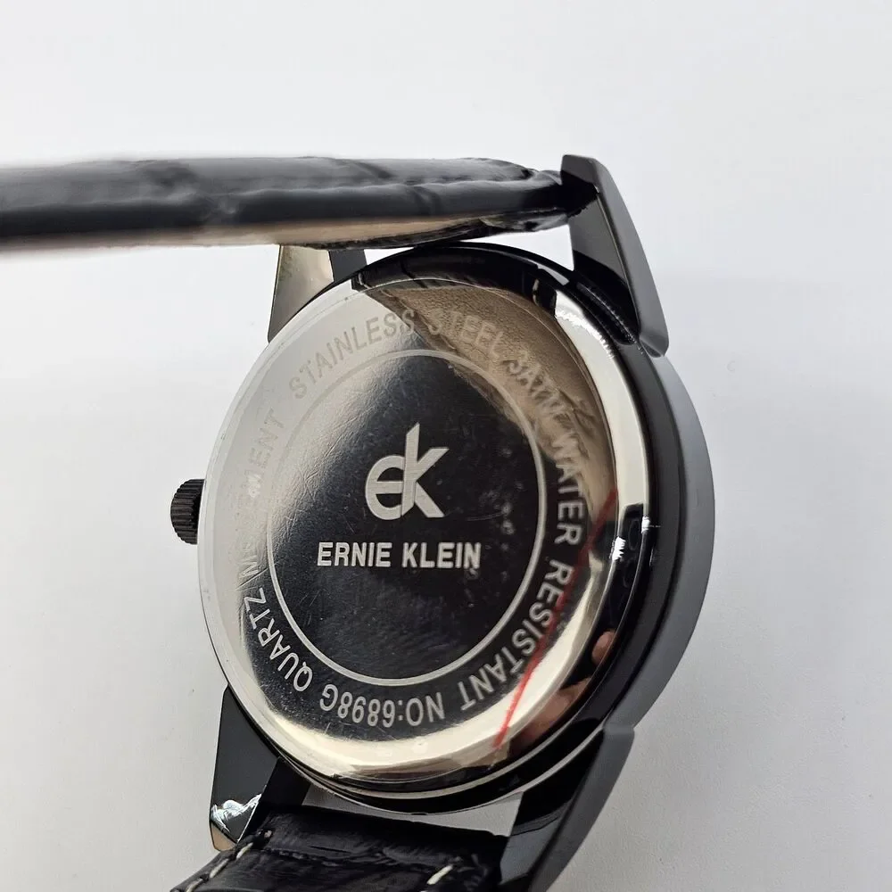 38MM Men’s Ernie Klein Watch Black Dial Day‎ Date Indicators Black Leather Bands